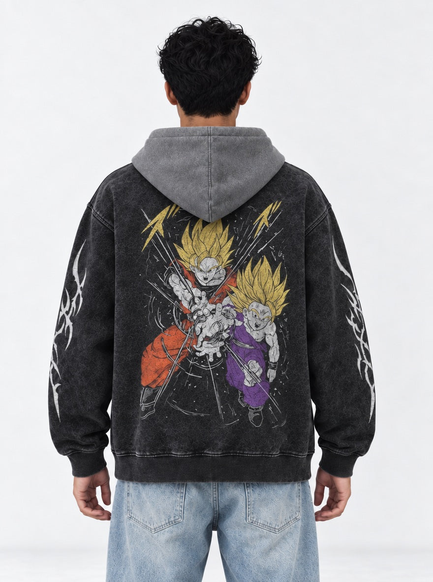 Goku & Gohan – Black & Grey Hoodie – model shot | Dragon Ball