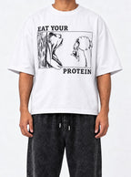Eat Your Protein AOT – White Tee – model shot | Meme Tees