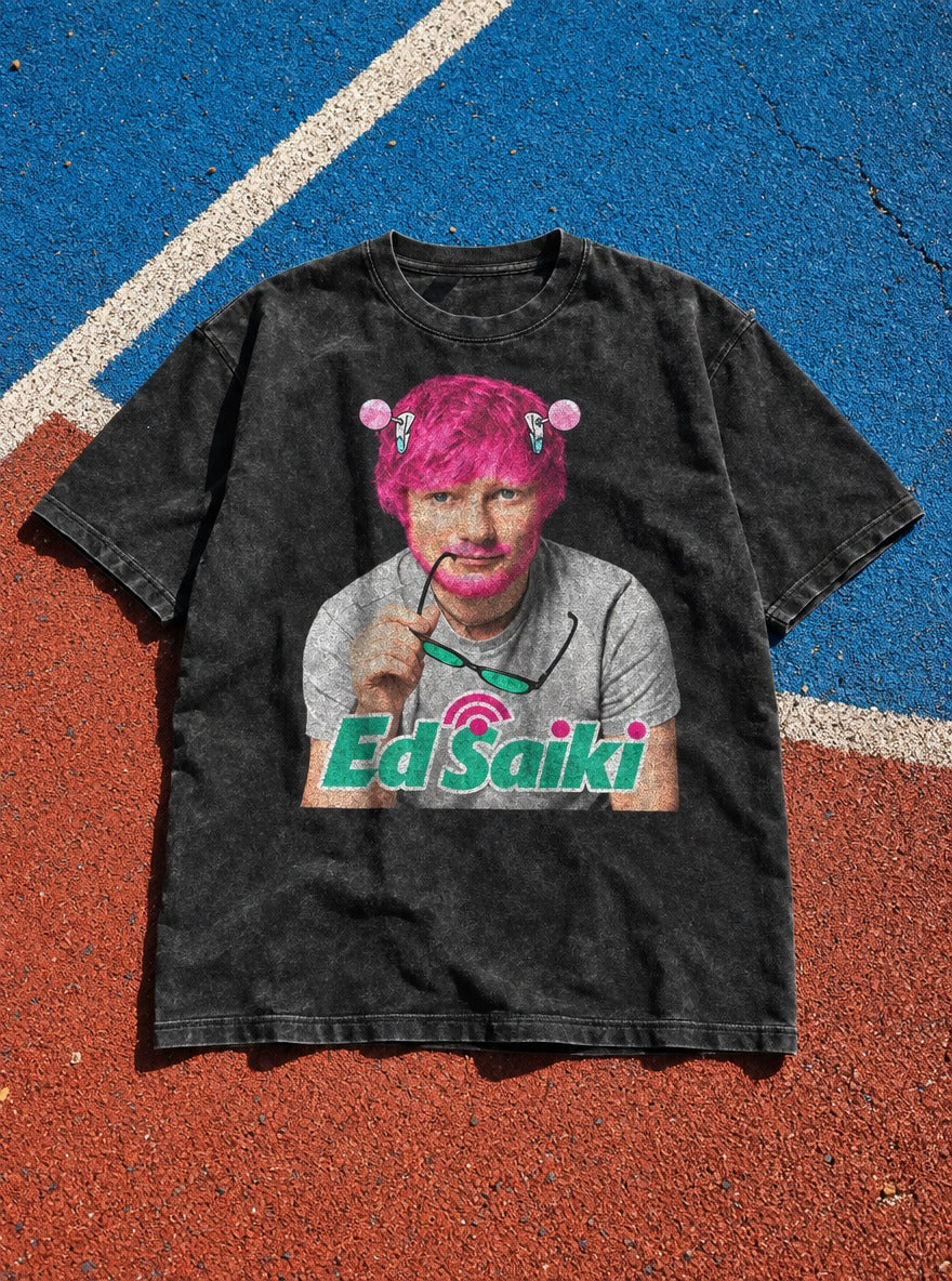 Ed Saiki – Black Acid Wash Tee – flat-lay | Meme Tees