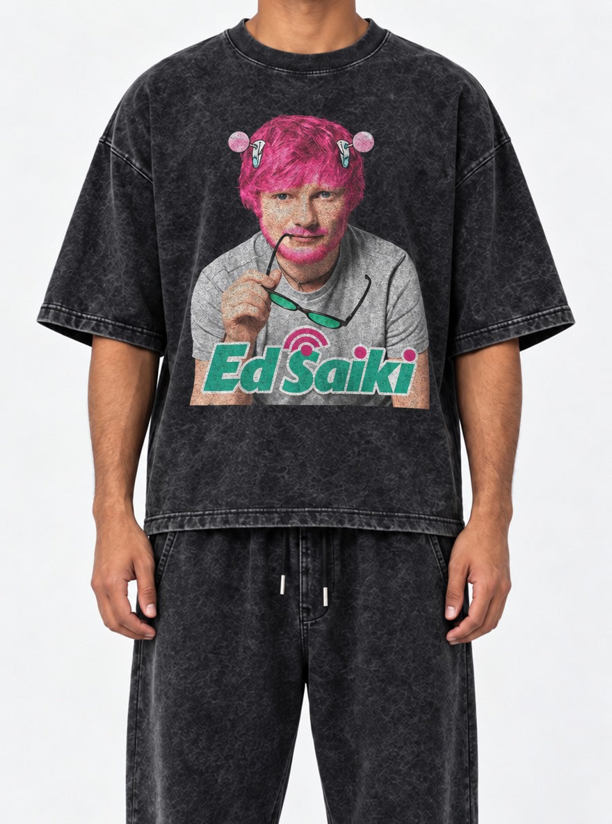 Ed Saiki – Black Acid Wash Tee – model shot | Meme Tees