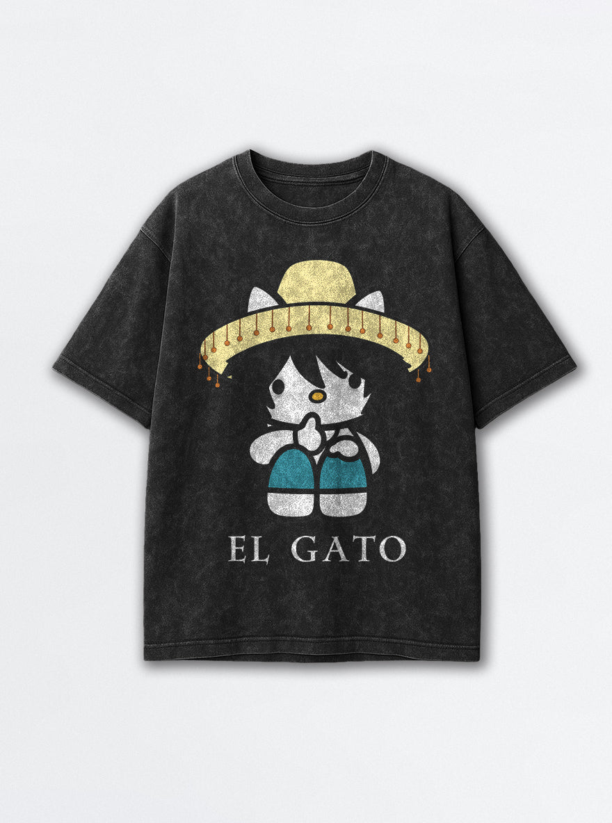 El Gato – Black Acid Wash Tee – mockup | Meme Tees
