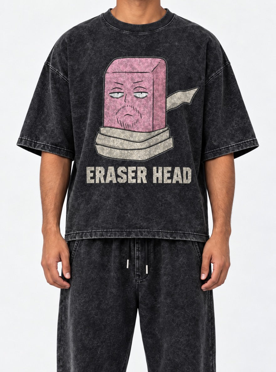 Eraser Head – Black Acid Wash Tee – model shot | Meme Tees