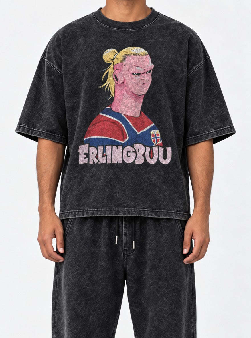 Erling Buu – Black Acid Wash Tee – model shot | Meme Tees