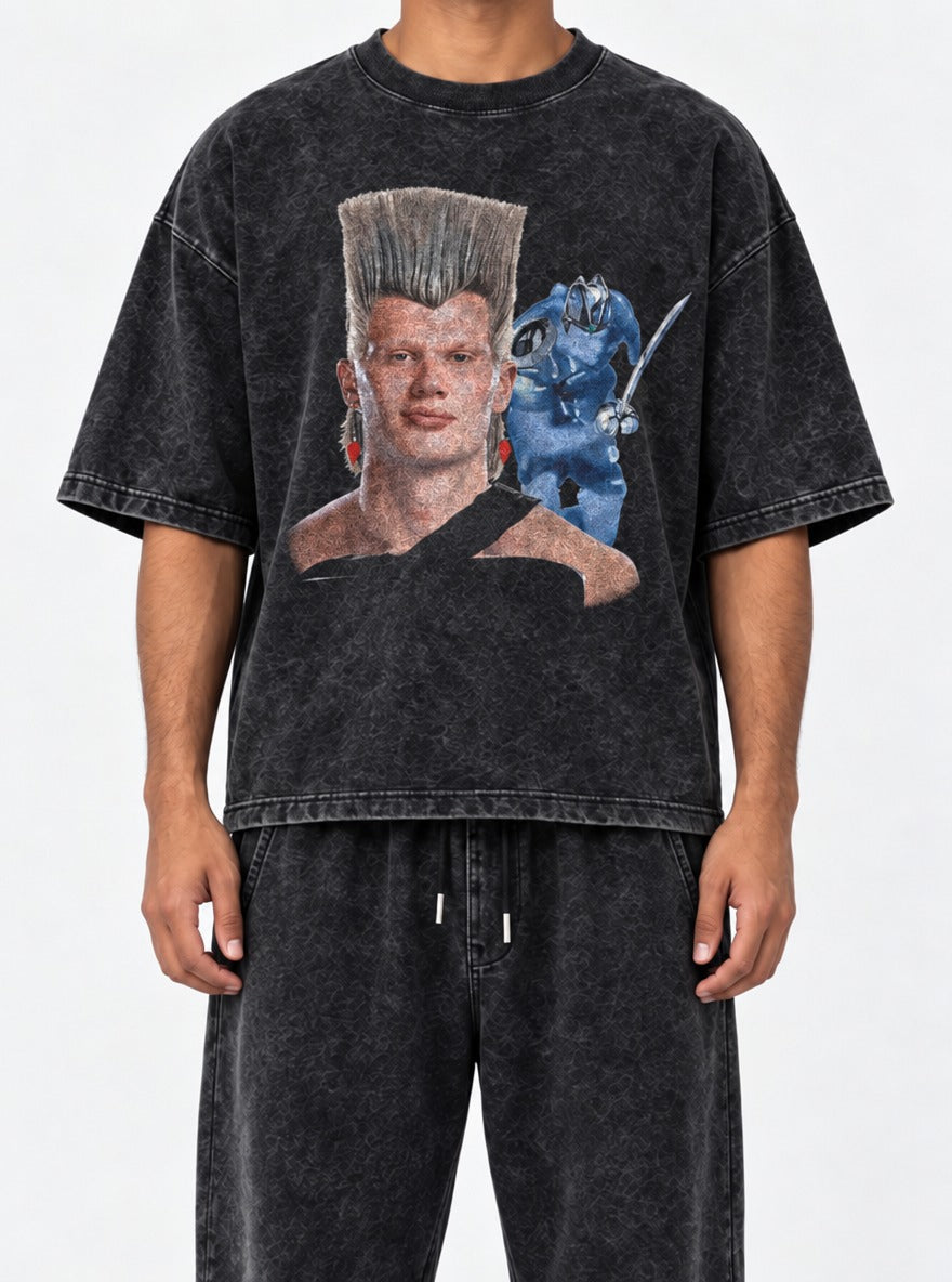 Erling Polnareff – Black Acid Wash Tee – model shot | Meme Tees