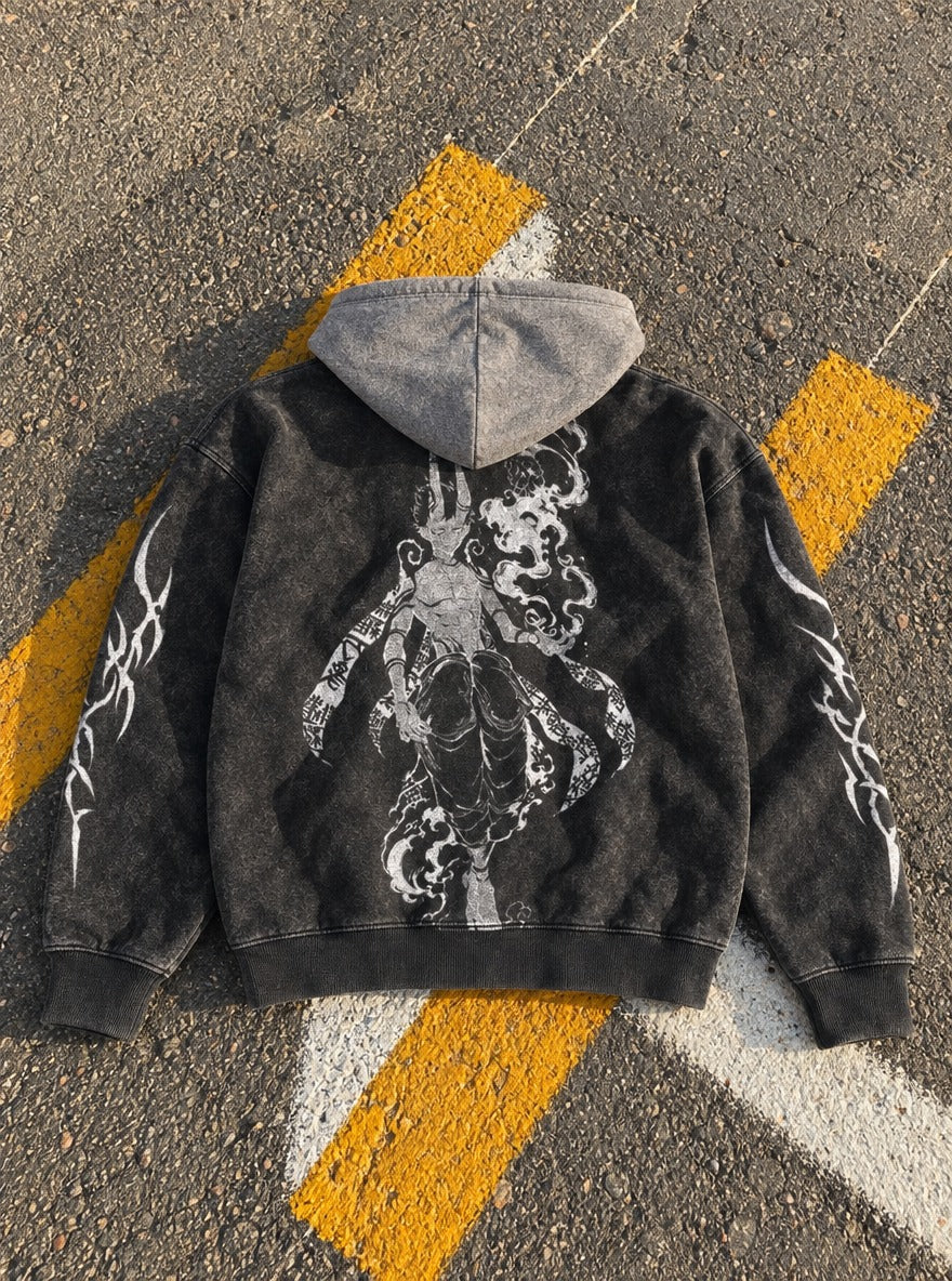 Horned Wraith – Black & Grey Hoodie – flat-lay | Fire Force