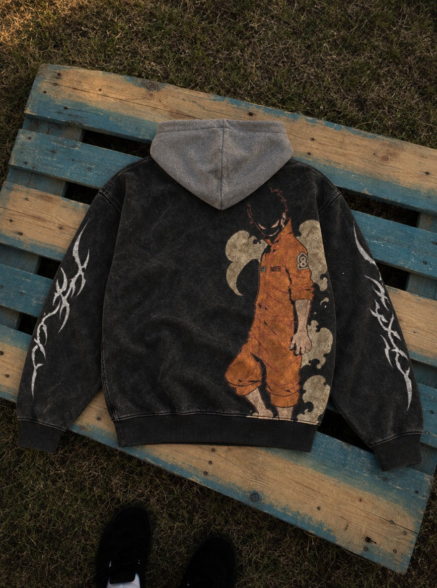 Shadow Smile – Black & Grey Hoodie – flat-lay | Fire Force