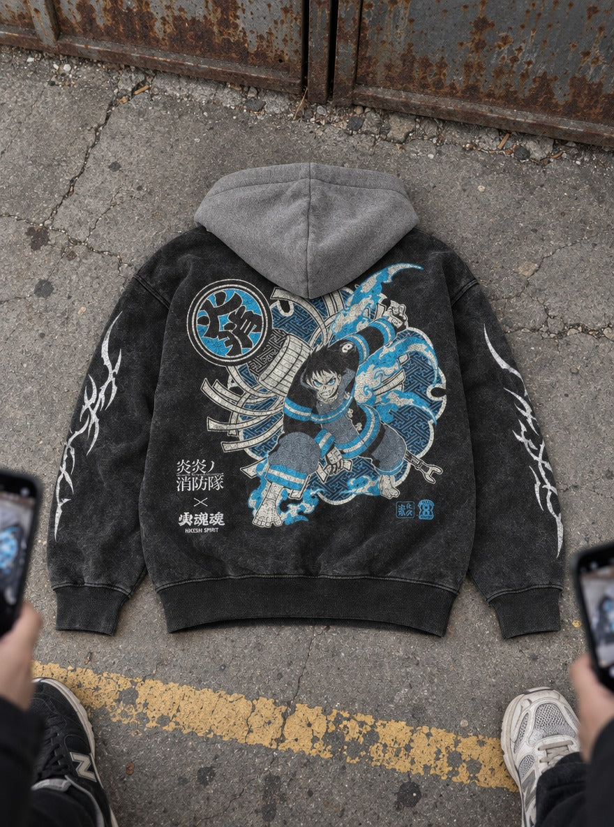 Spirit Blaze – Black & Grey Hoodie – flat-lay | Fire Force
