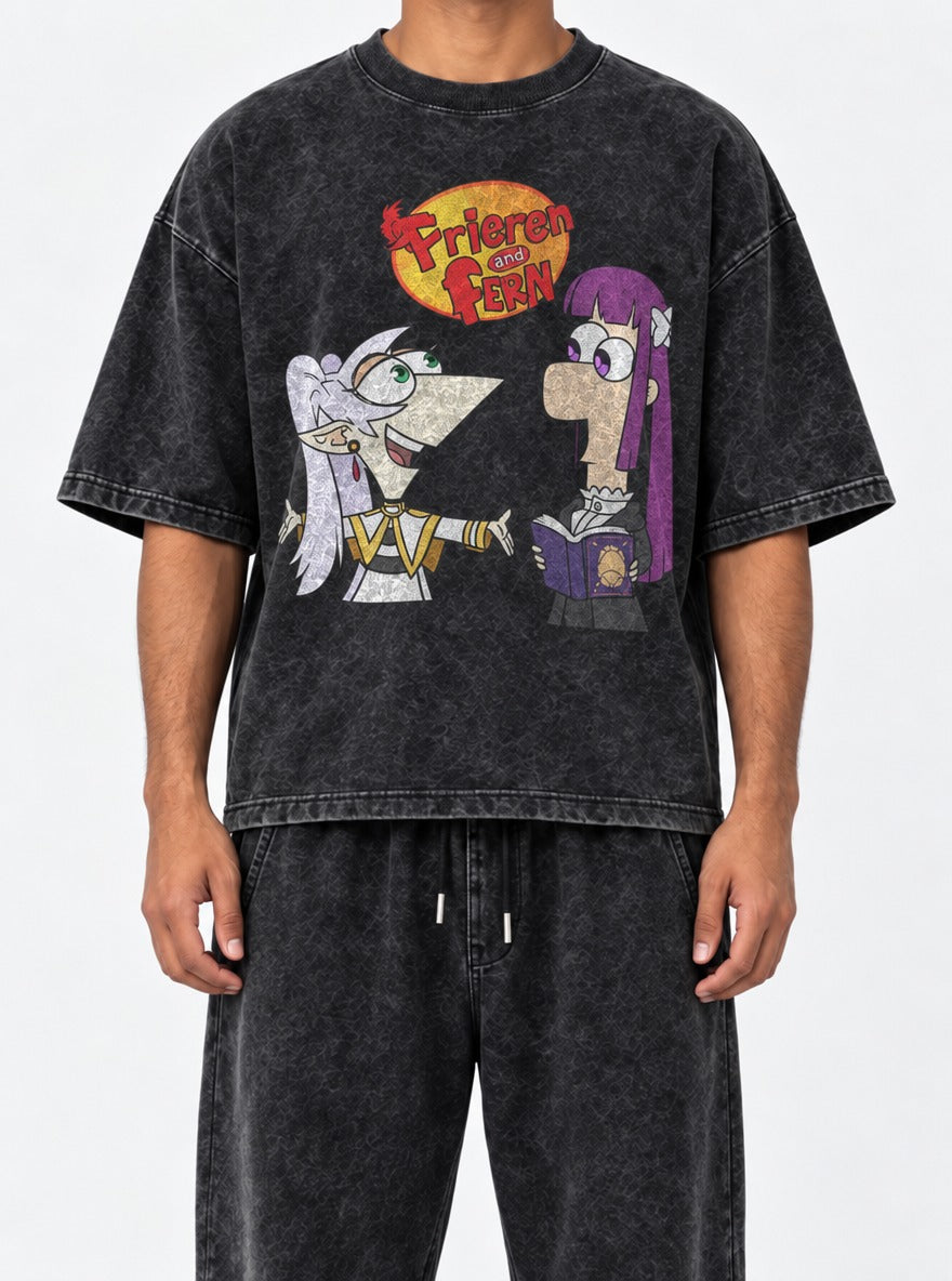 Frieren & Fern – Black Acid Wash Tee – model shot | Meme Tees