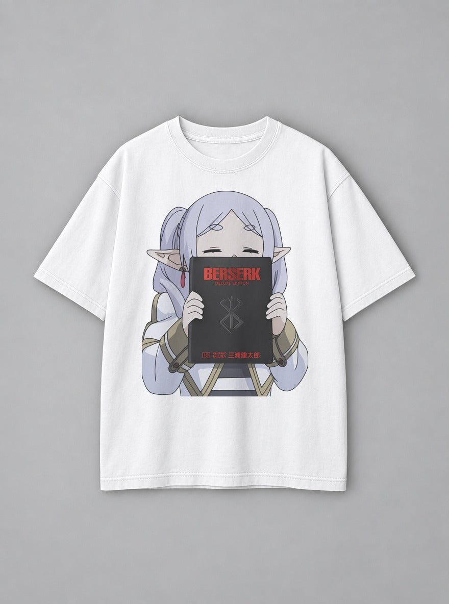 Frieren Reads Berserk – White Tee – mockup | Frieren