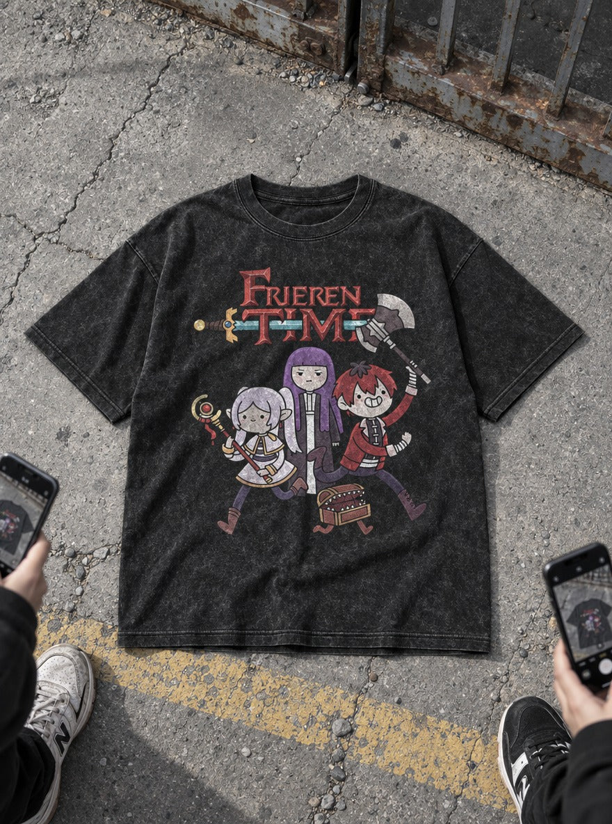 Frieren Time – Black Acid Wash Tee – flat-lay | Meme Tees