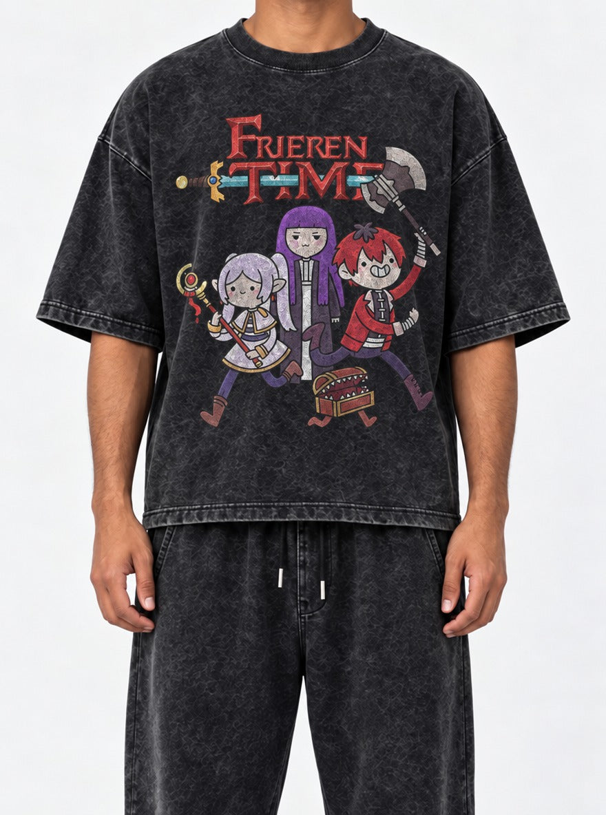 Frieren Time – Black Acid Wash Tee – model shot | Meme Tees