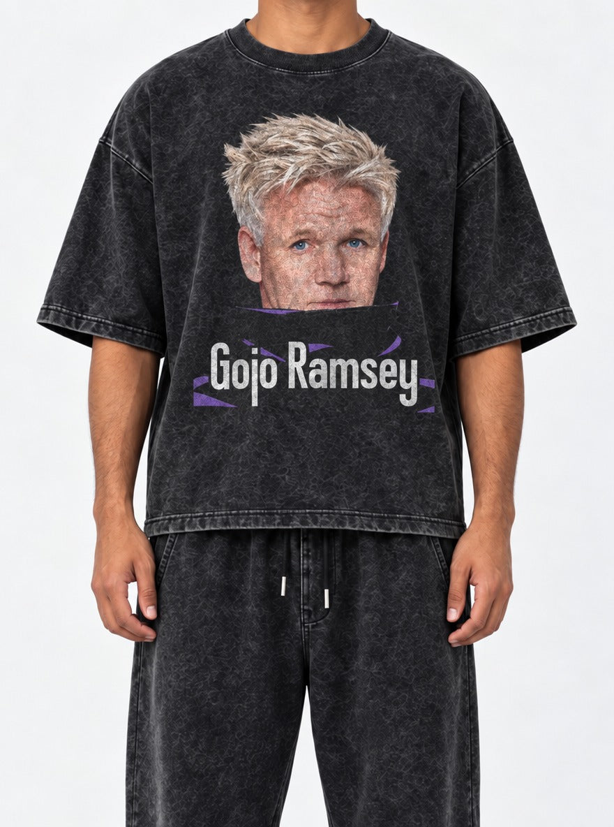 Gojo Ramsey – Black Acid Wash Tee – model shot | Meme Tees