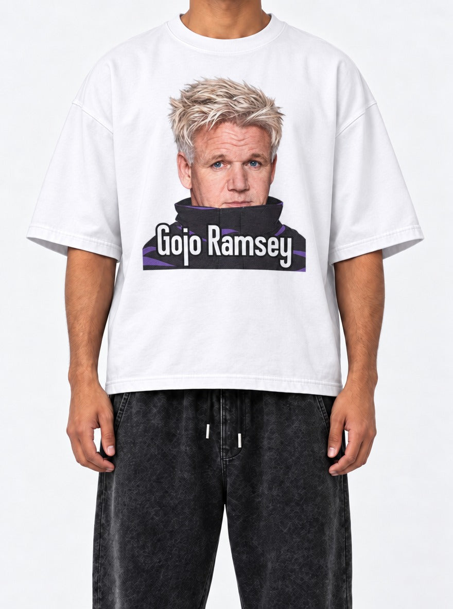 Gojo Ramsey – White Tee – model shot | Meme Tees