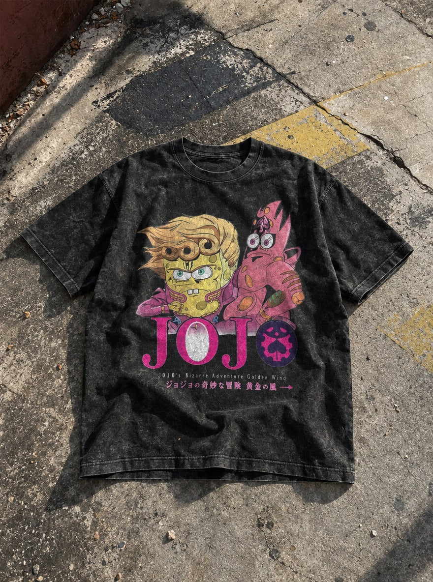 Golden Wind – Black Acid Wash Tee – flat-lay | Meme Tees