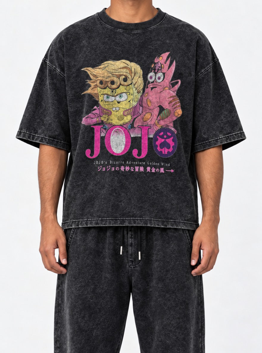 Golden Wind – Black Acid Wash Tee – model shot | Meme Tees