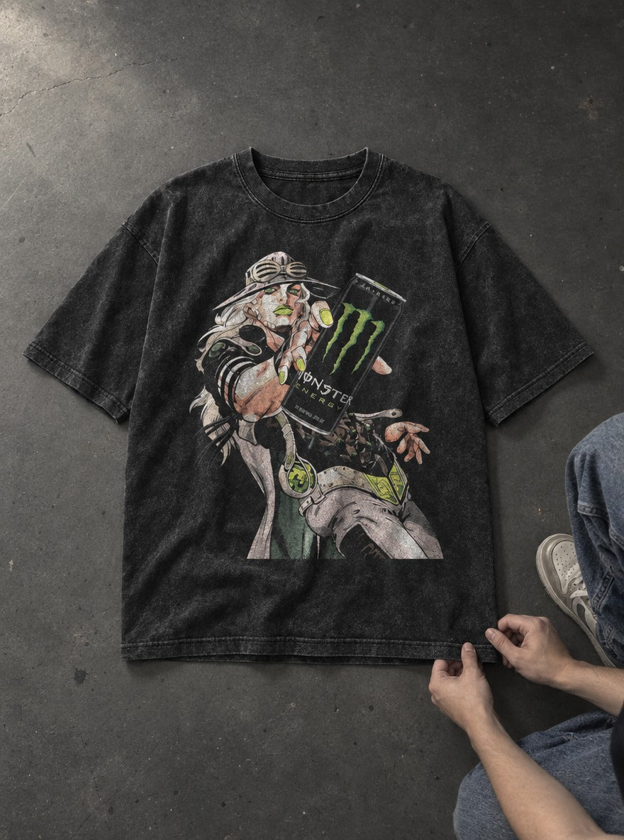 Gyro Zeppeli Monster – Black Acid Wash Tee – flat-lay | Meme Tees