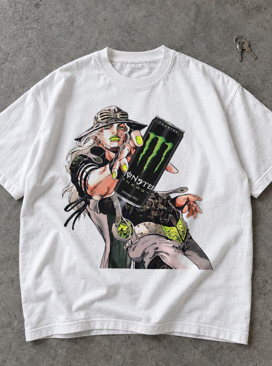 Gyro Zeppeli Monster – White Tee – flat-lay | Meme Tees