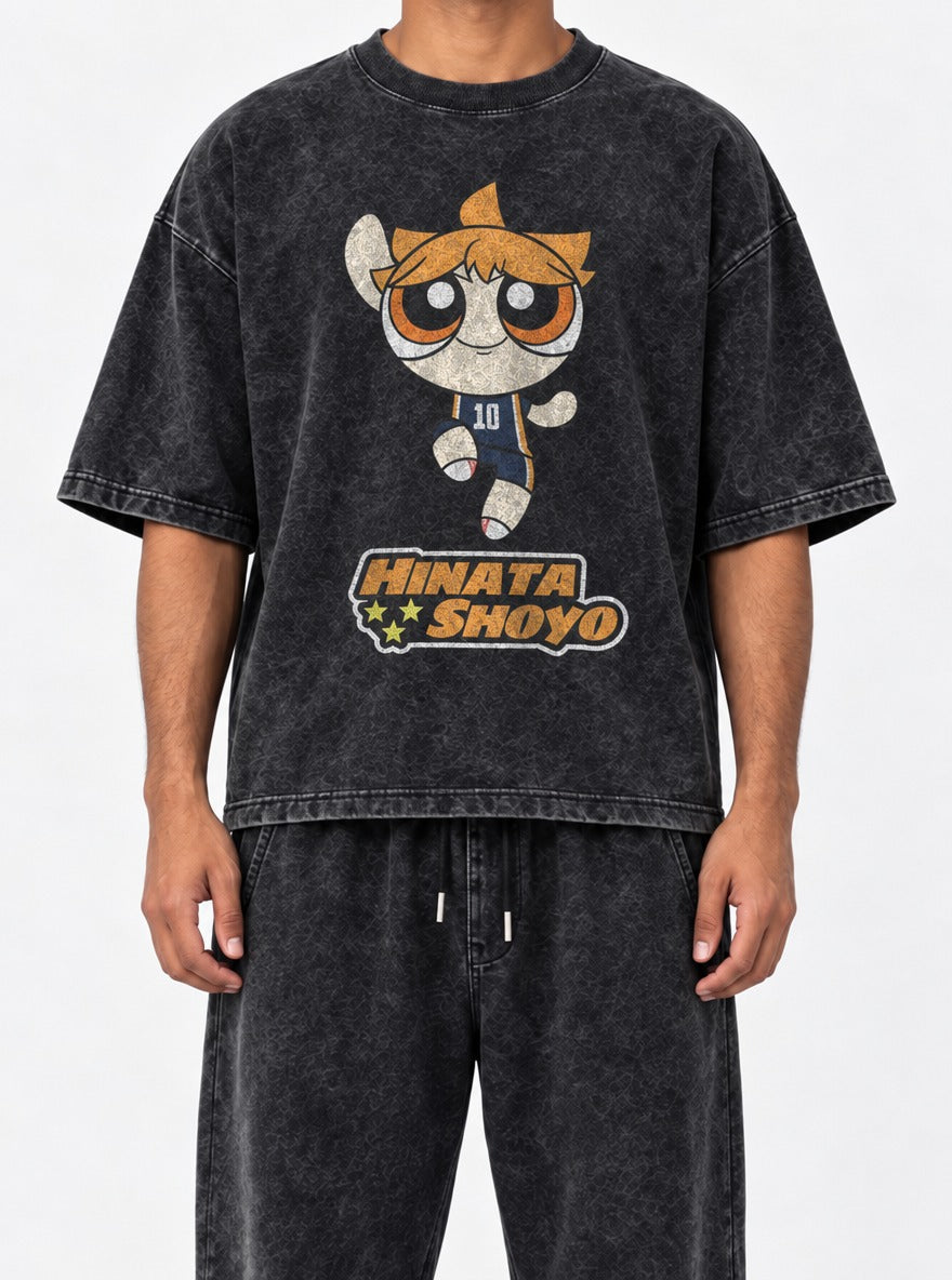 Hinata Shoyo – Black Acid Wash Tee – model shot | Meme Tees