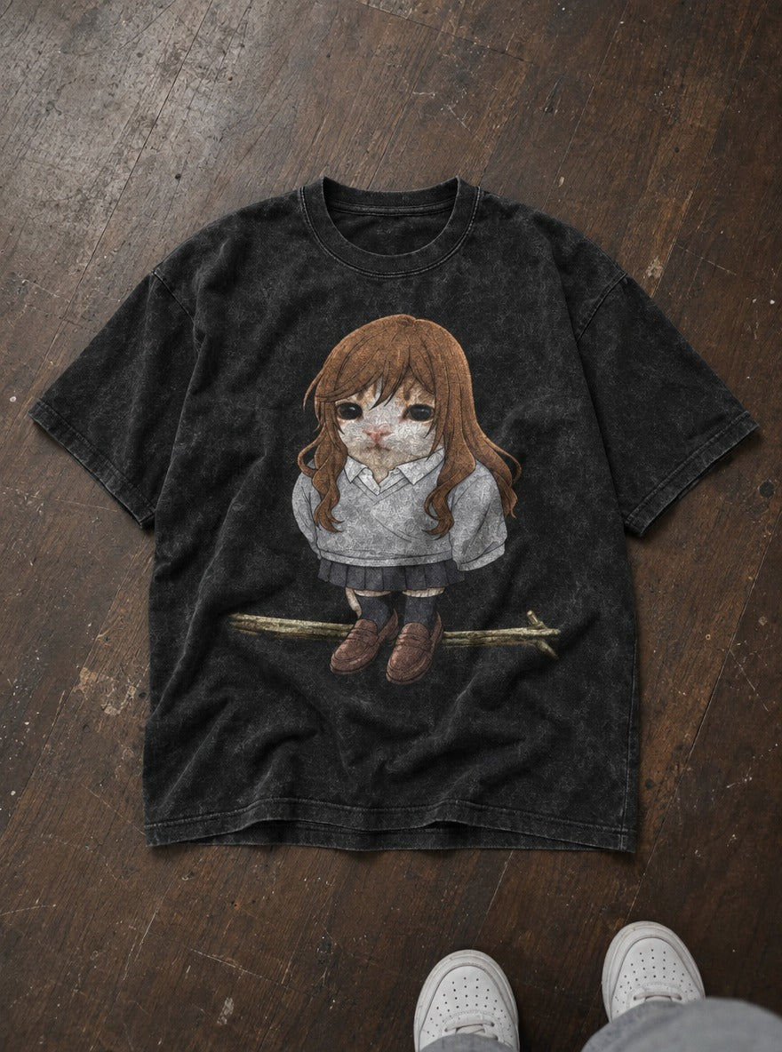 HoriMeowls – Black Acid Wash Tee – flat-lay | Meme Tees