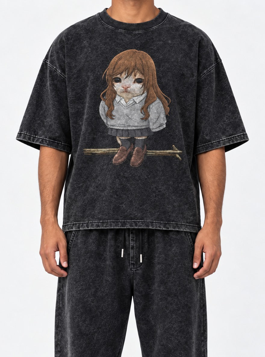 HoriMeowls – Black Acid Wash Tee – model shot | Meme Tees