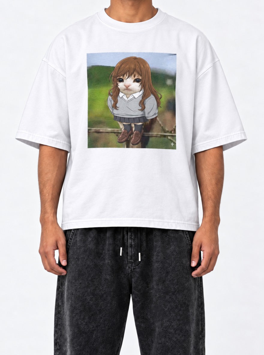 HoriMeowls – White Tee – model shot | Meme Tees