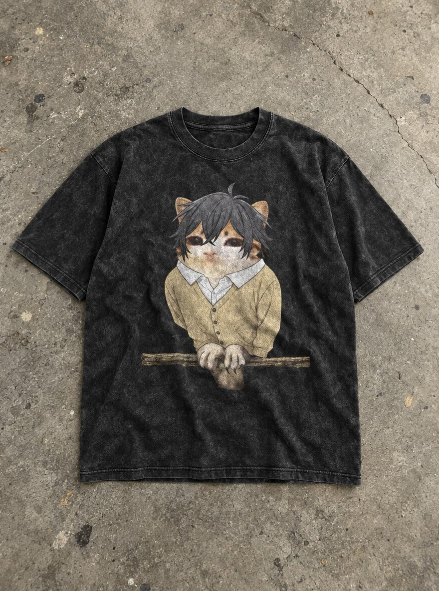 HoriMeowls Miyamura – Black Acid Wash Tee – flat-lay | Meme Tees