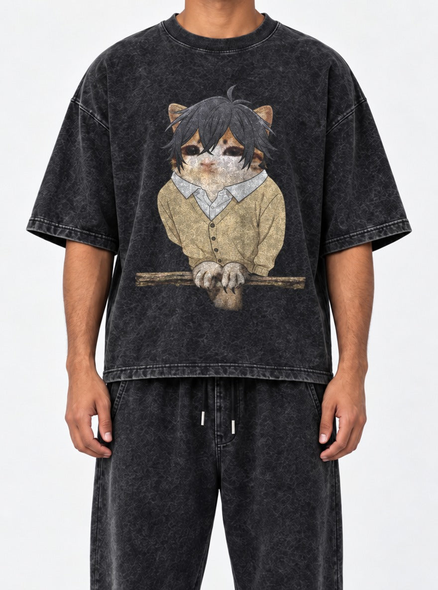 HoriMeowls Miyamura – Black Acid Wash Tee – model shot | Meme Tees