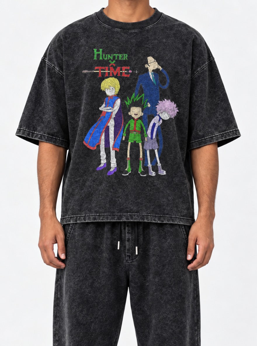 Hunter x Time – Black Acid Wash Tee – model shot | Meme Tees