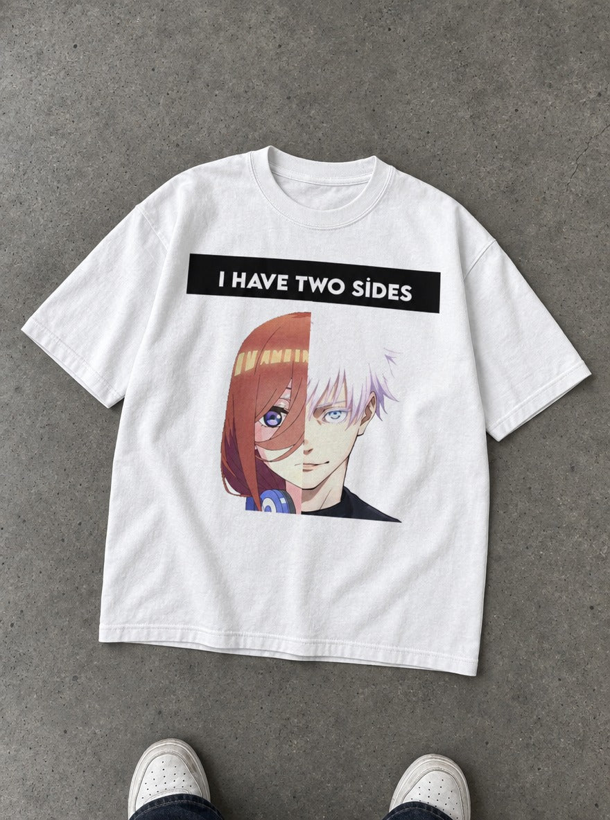 I Have 2 Sides – White Tee – flat-lay | Meme Tees