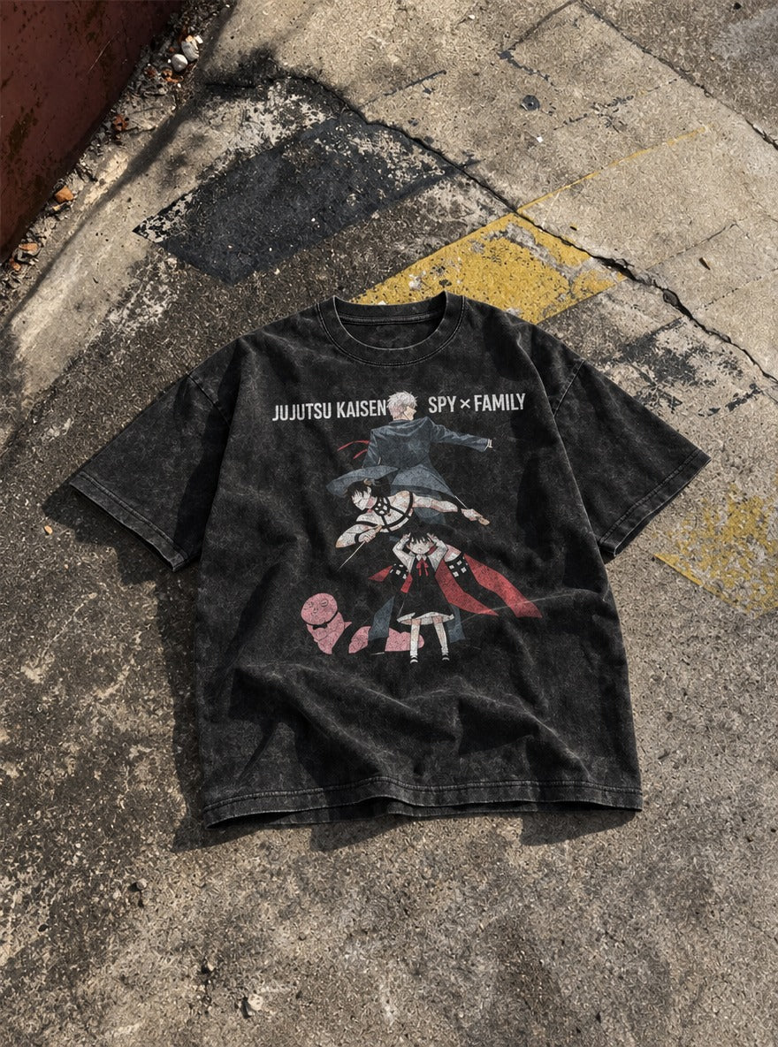 JJK x Spy x Family – Black Acid Wash Tee – flat-lay | Meme Tees