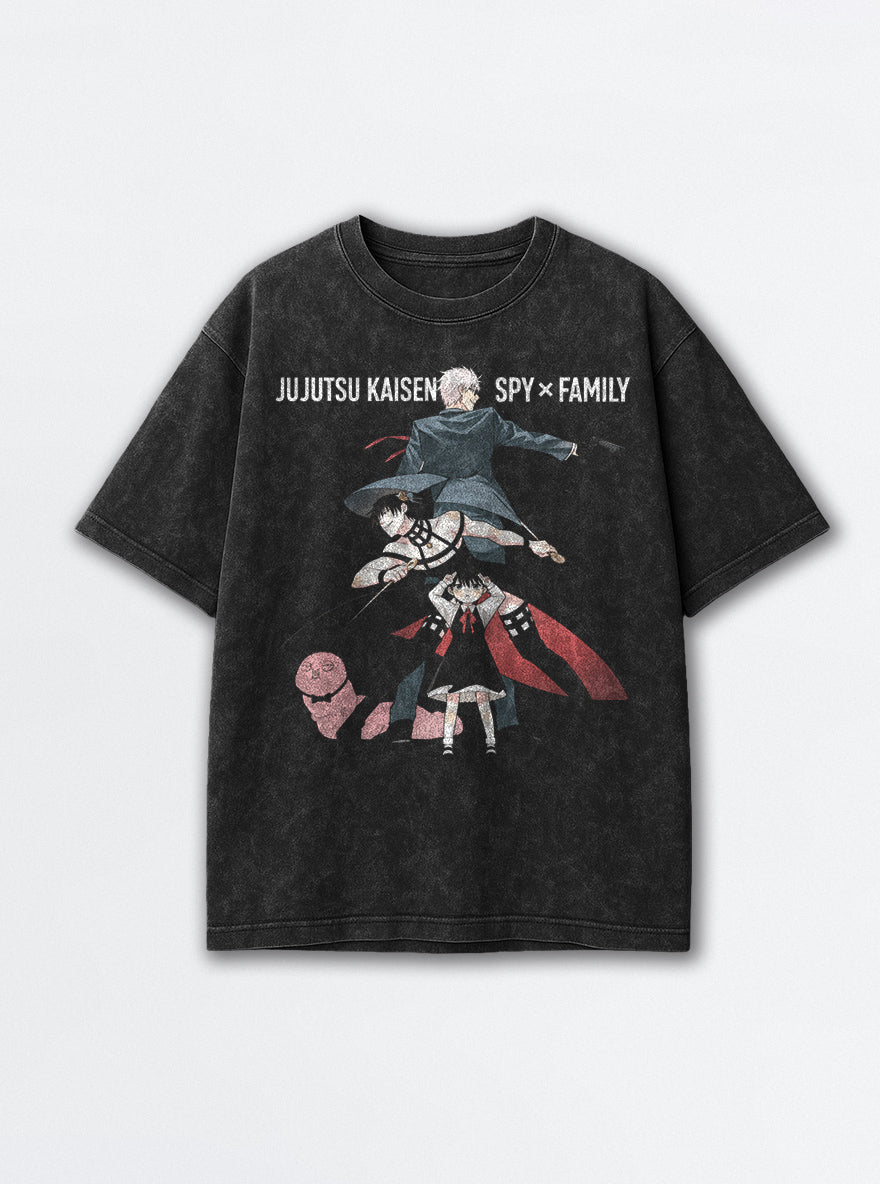 JJK x Spy x Family – Black Acid Wash Tee – mockup | Meme Tees