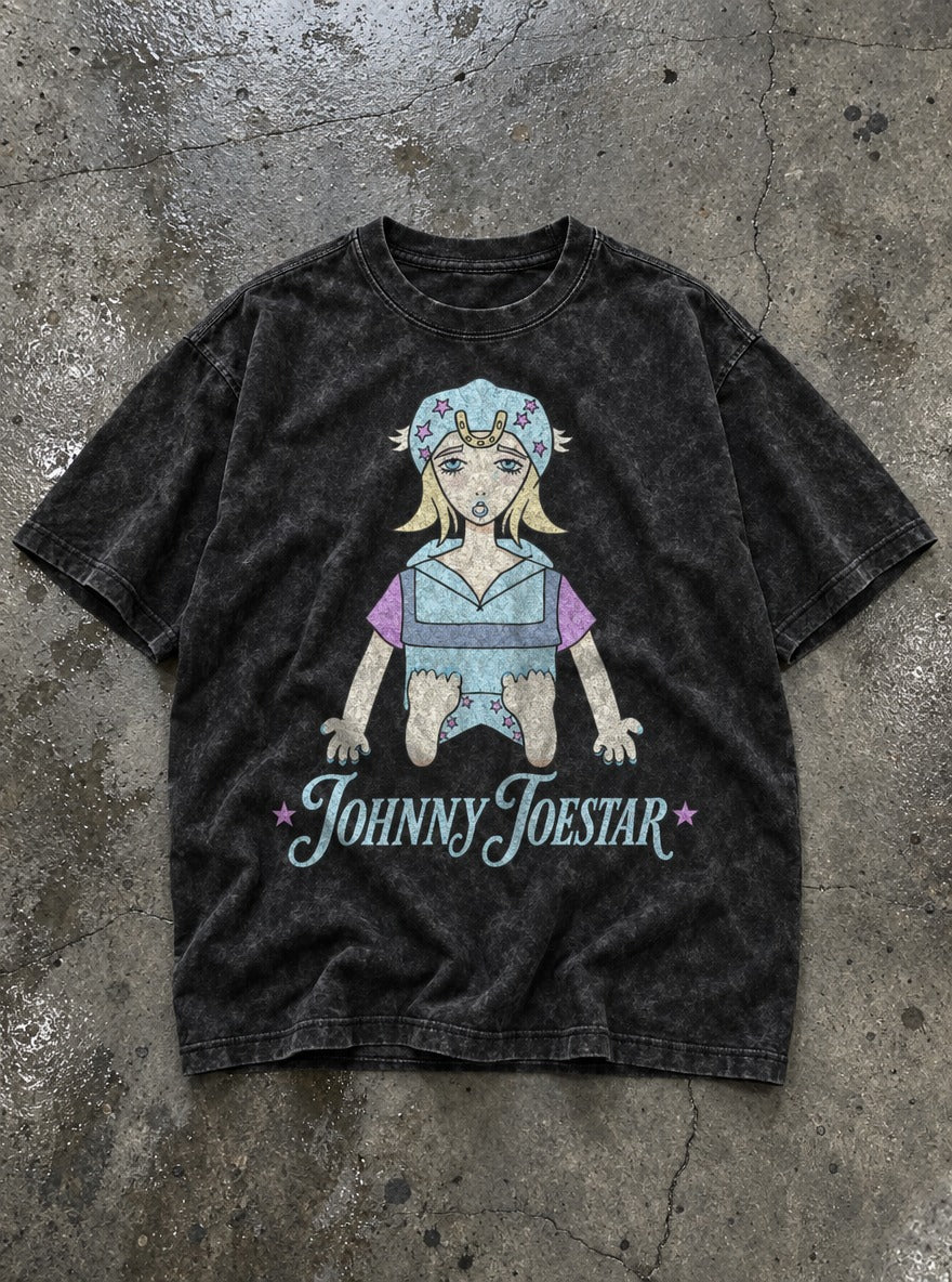 Johnny Toestar – Black Acid Wash Tee – flat-lay | Meme Tees