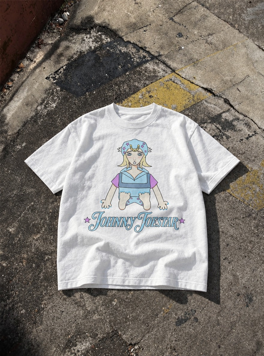 Johnny Toestar – White Tee – flat-lay | Meme Tees