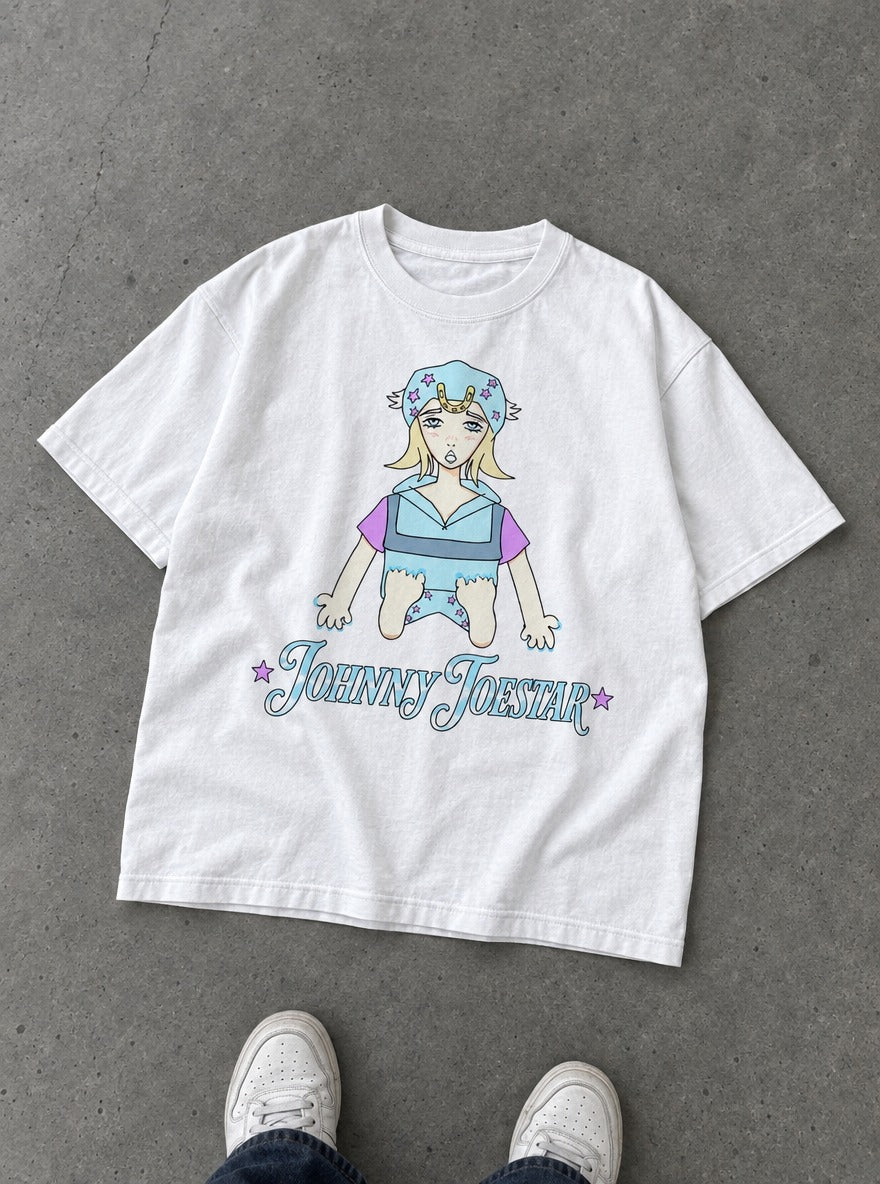 Johnny Toestar – White Tee – flat-lay | Meme Tees