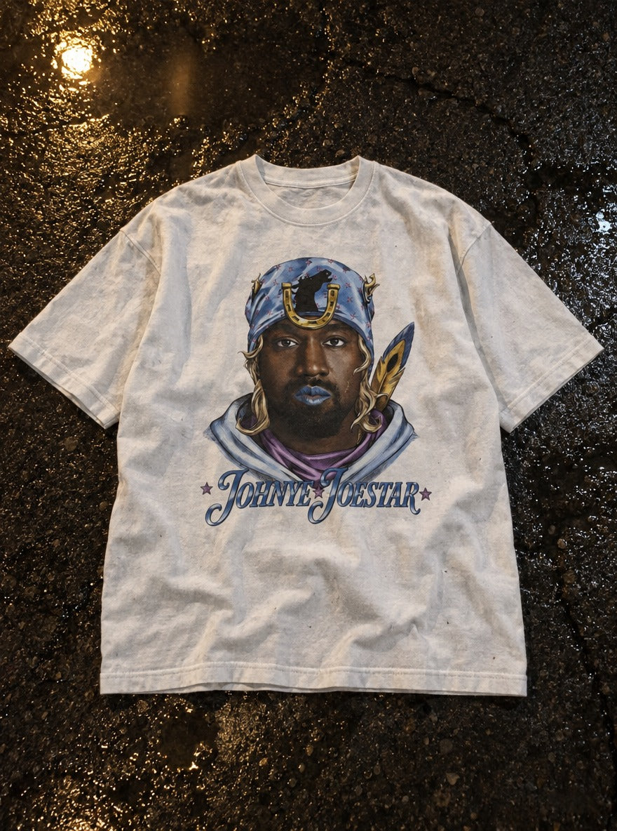 Johnye Joestar – White Tee – flat-lay | Meme Tees