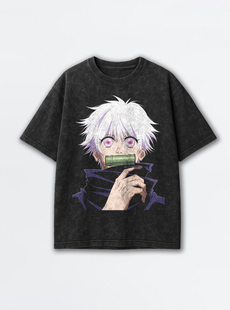 Gojo Bamboo Muzzle – Black Acid Wash Tee – mockup | Jujutsu Kaisen