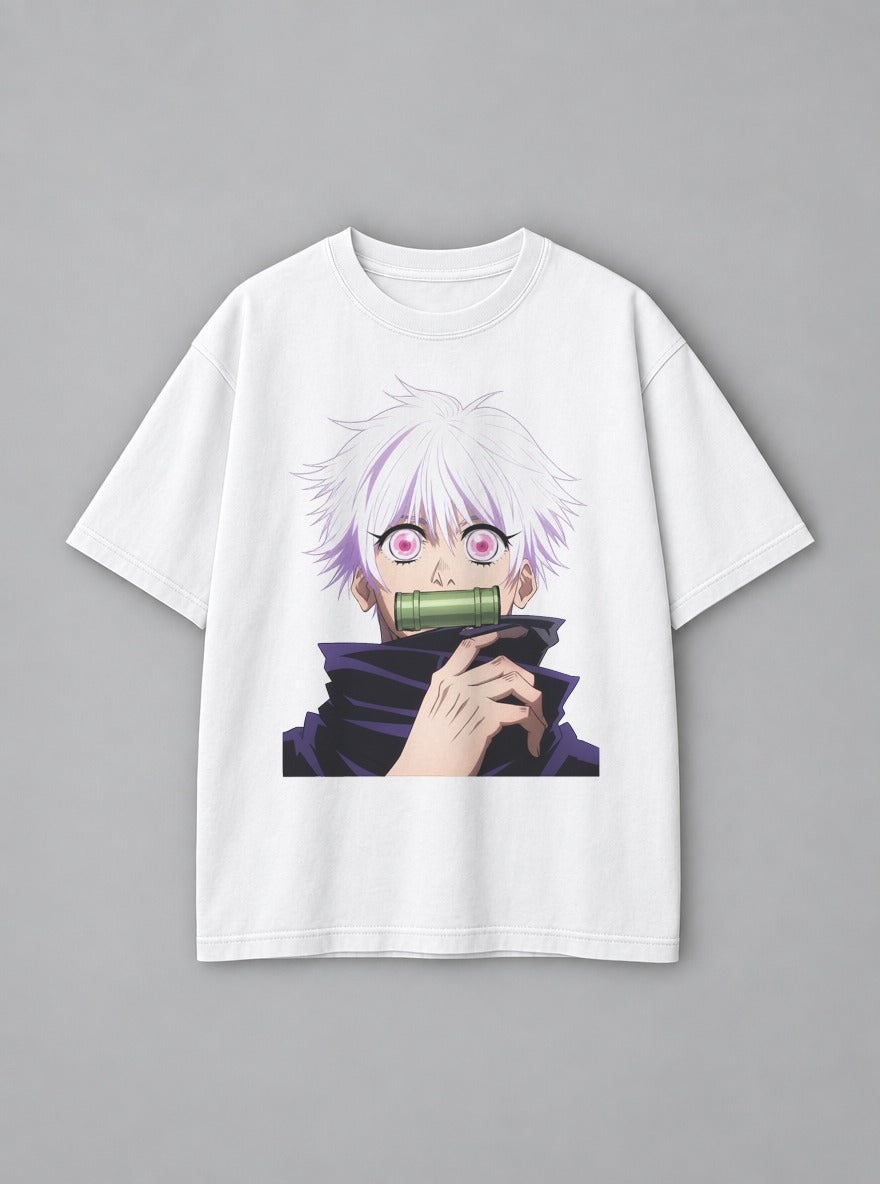 Gojo Bamboo Muzzle – White Tee – mockup | Jujutsu Kaisen