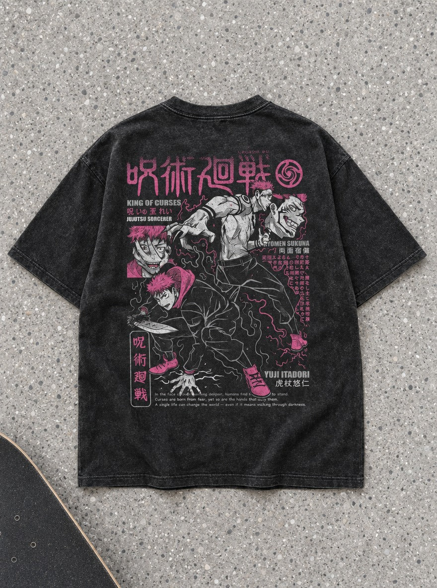 Yuji & Sukuna Pink – T-Shirt – flat-lay | Jujutsu Kaisen