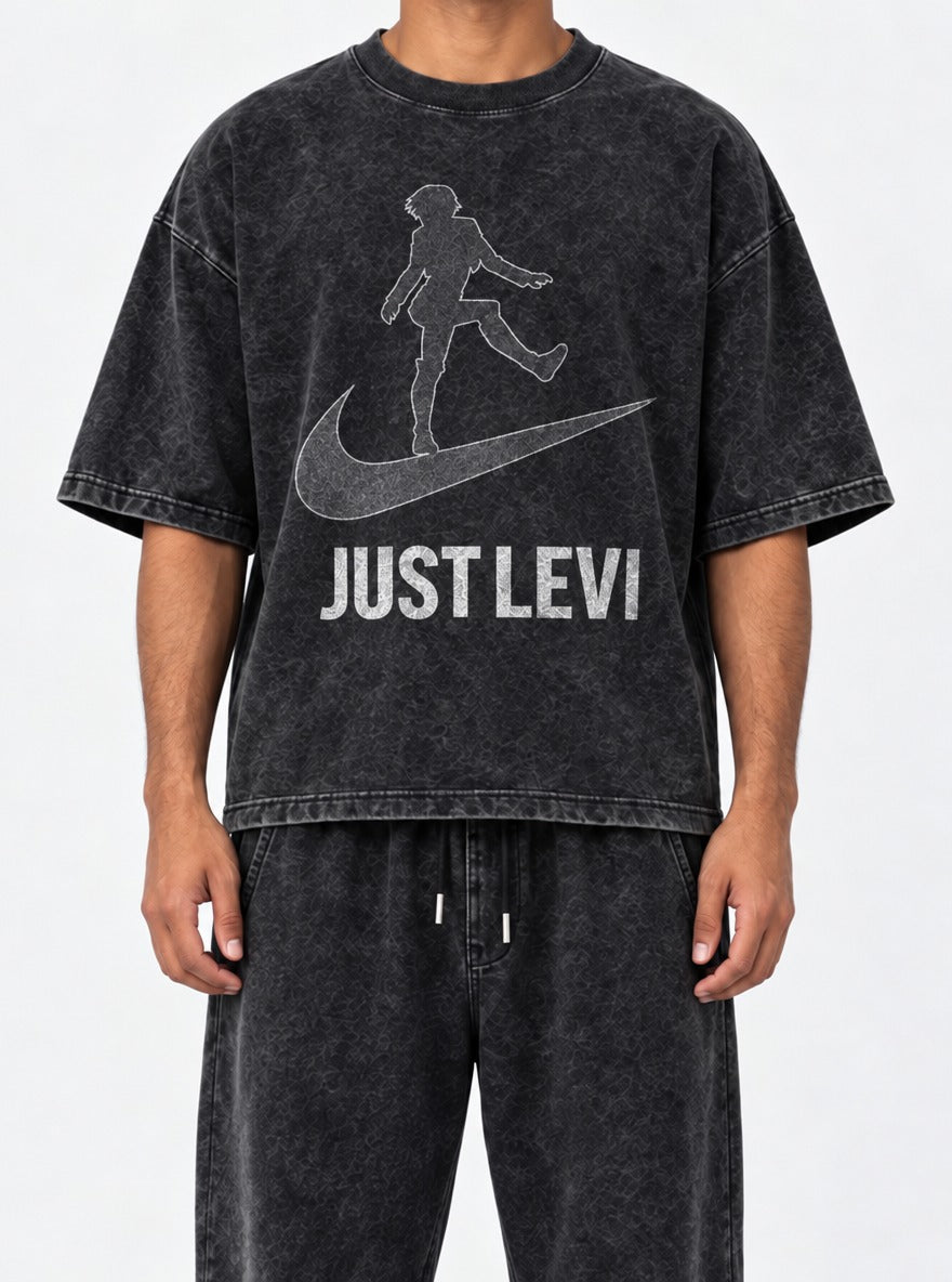 Just Levi – Black Acid Wash Tee – model shot | Meme Tees