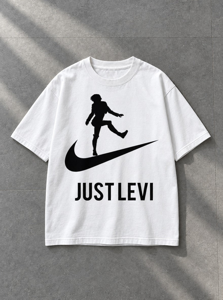 Just Levi – White Tee – flat-lay | Meme Tees