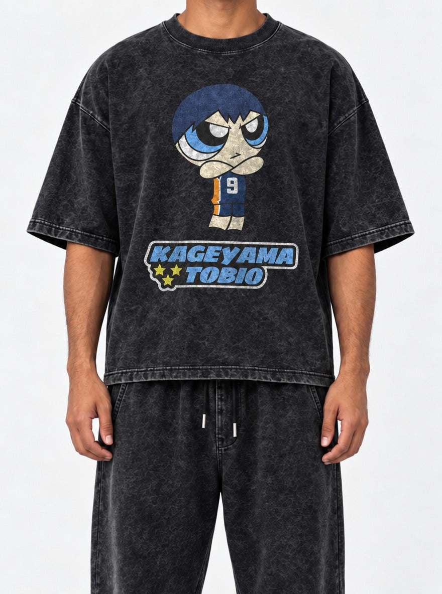 Kageyama Tobio – Black Acid Wash Tee – model shot | Meme Tees