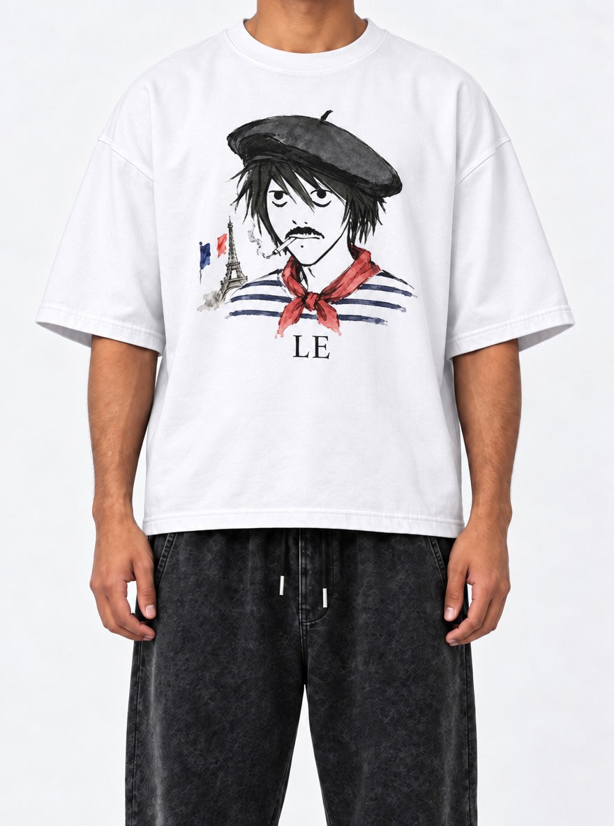 Le D Note – White Tee – model shot | Meme Tees