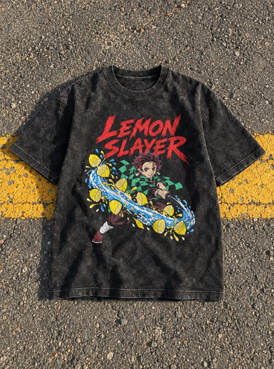 Lemon Slayer – Black Acid Wash Tee – flat-lay | Meme Tees