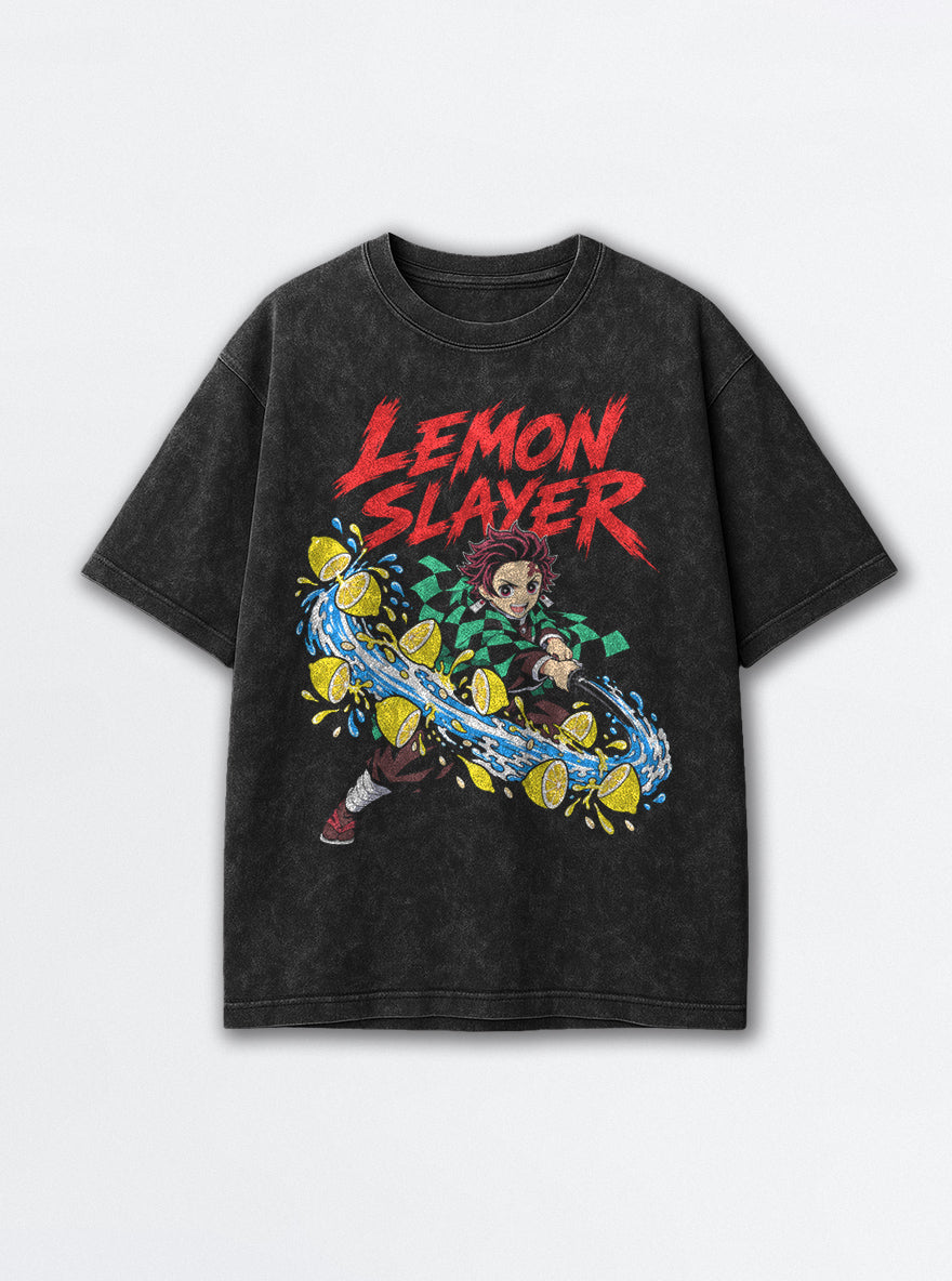 Lemon Slayer – Black Acid Wash Tee – mockup | Meme Tees