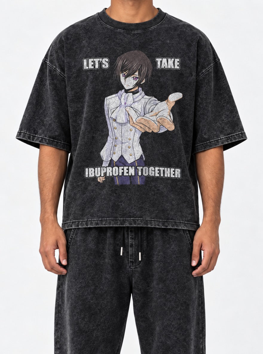 Let's Take Ibuprofen – Black Acid Wash Tee – model shot | Meme Tees