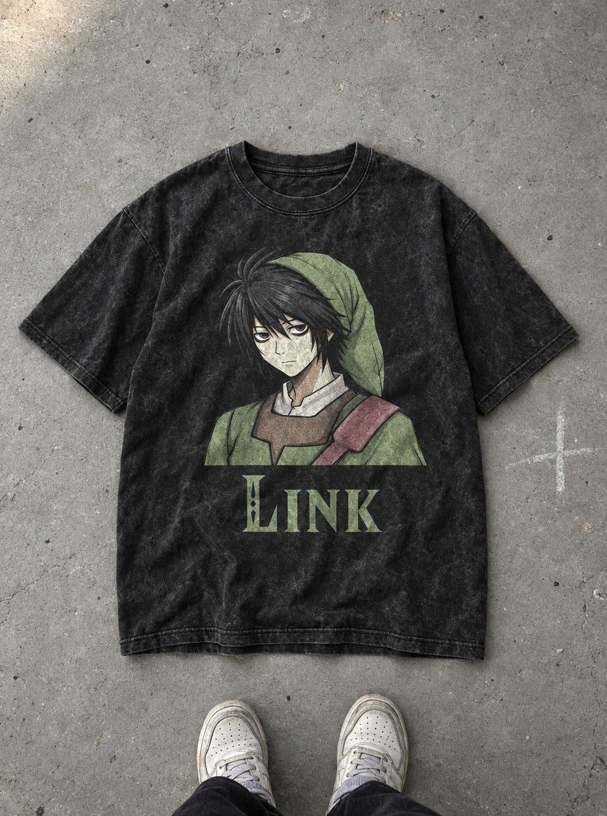 Link Lawliet – Black Acid Wash Tee – flat-lay | Meme Tees