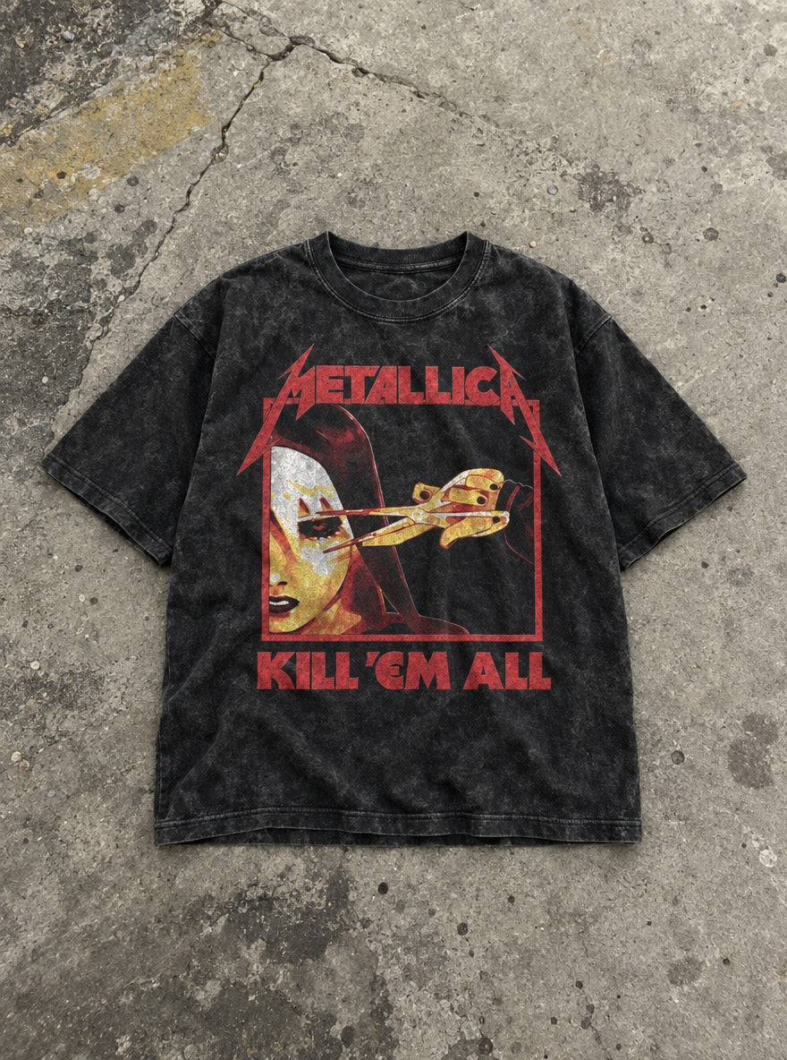 Metallica – Black Acid Wash Tee – flat-lay | Meme Tees