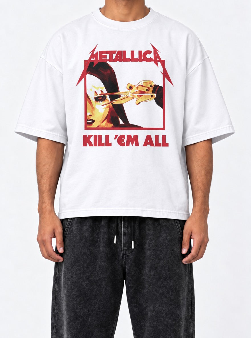 Metallica – White Tee – model shot | Meme Tees