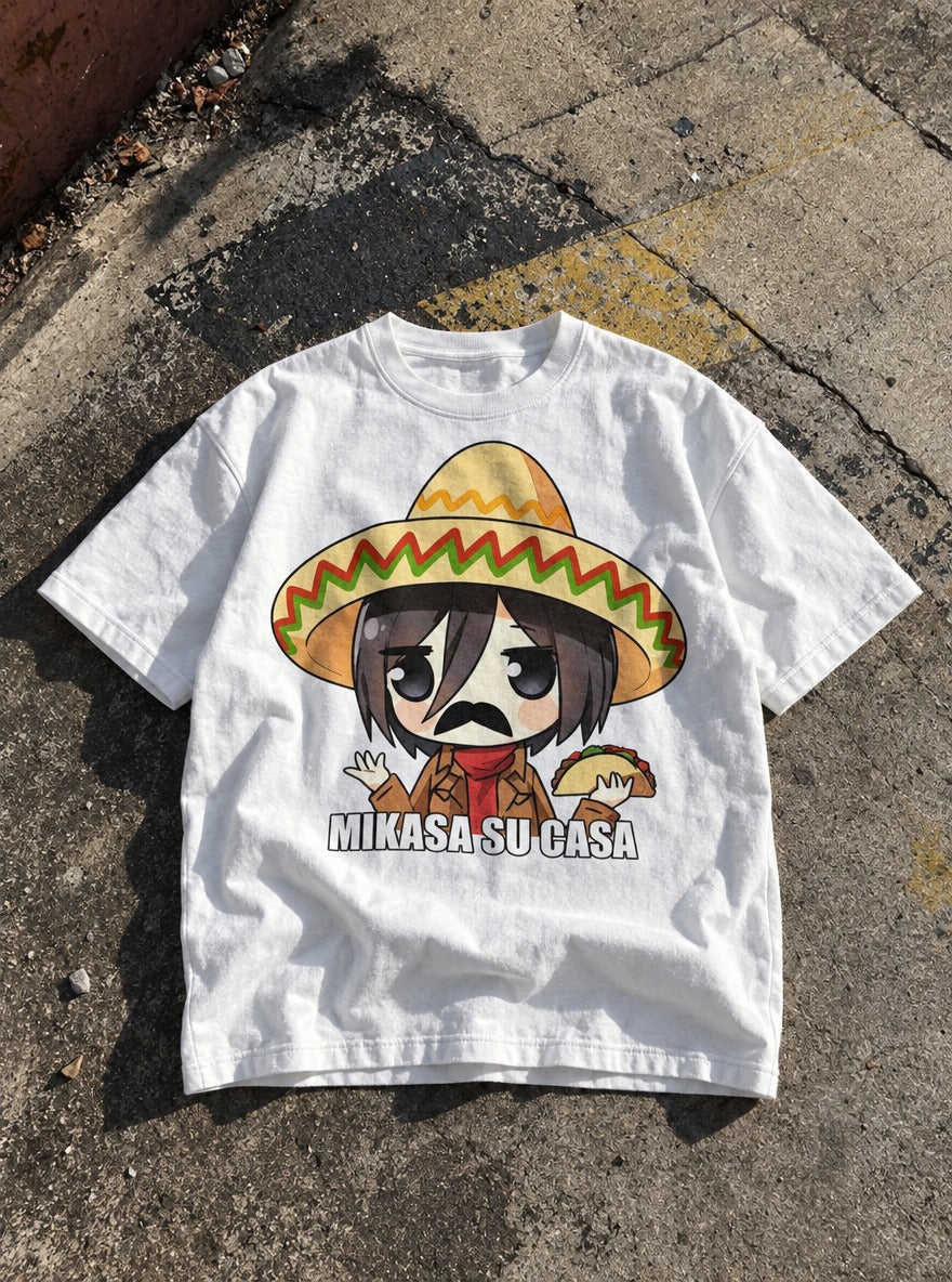 Mikasa Su Casa – White Tee – flat-lay | Meme Tees