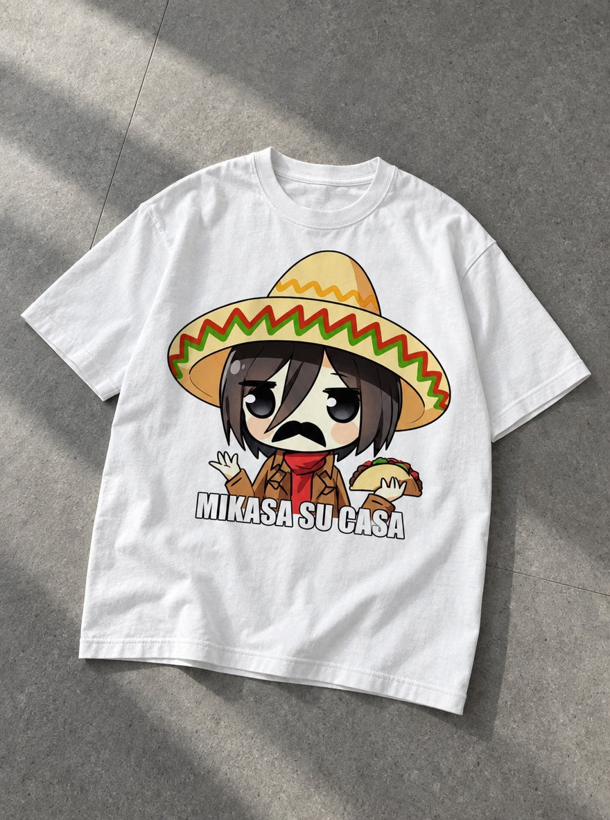 Mikasa Su Casa – White Tee – flat-lay | Meme Tees